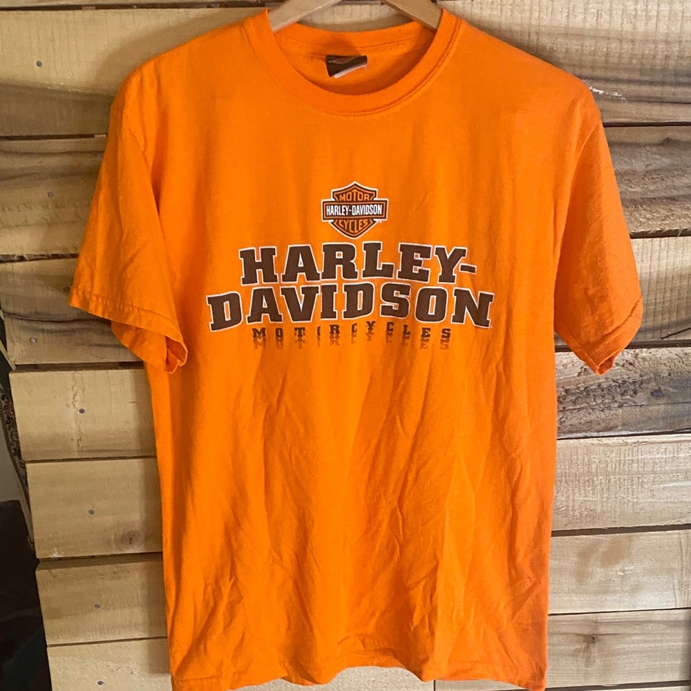 Harley-Davidson Orange Short Sleeve Logo Tee M Southern Thunder Horn Lake, MS